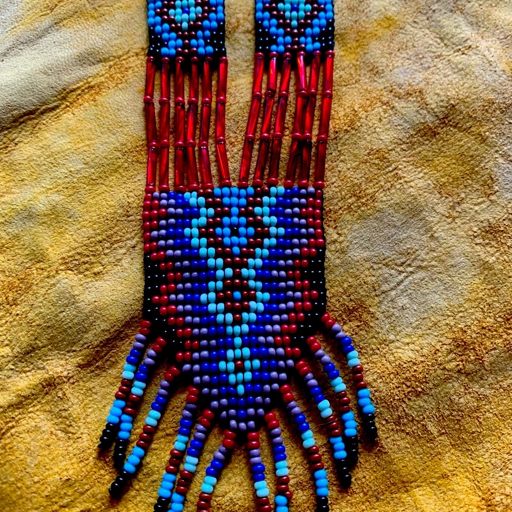 Brand New Necklace Handmade Red Blue  Rust Seed Bead Black Turquoise Lightweight - Picture 4 of 10